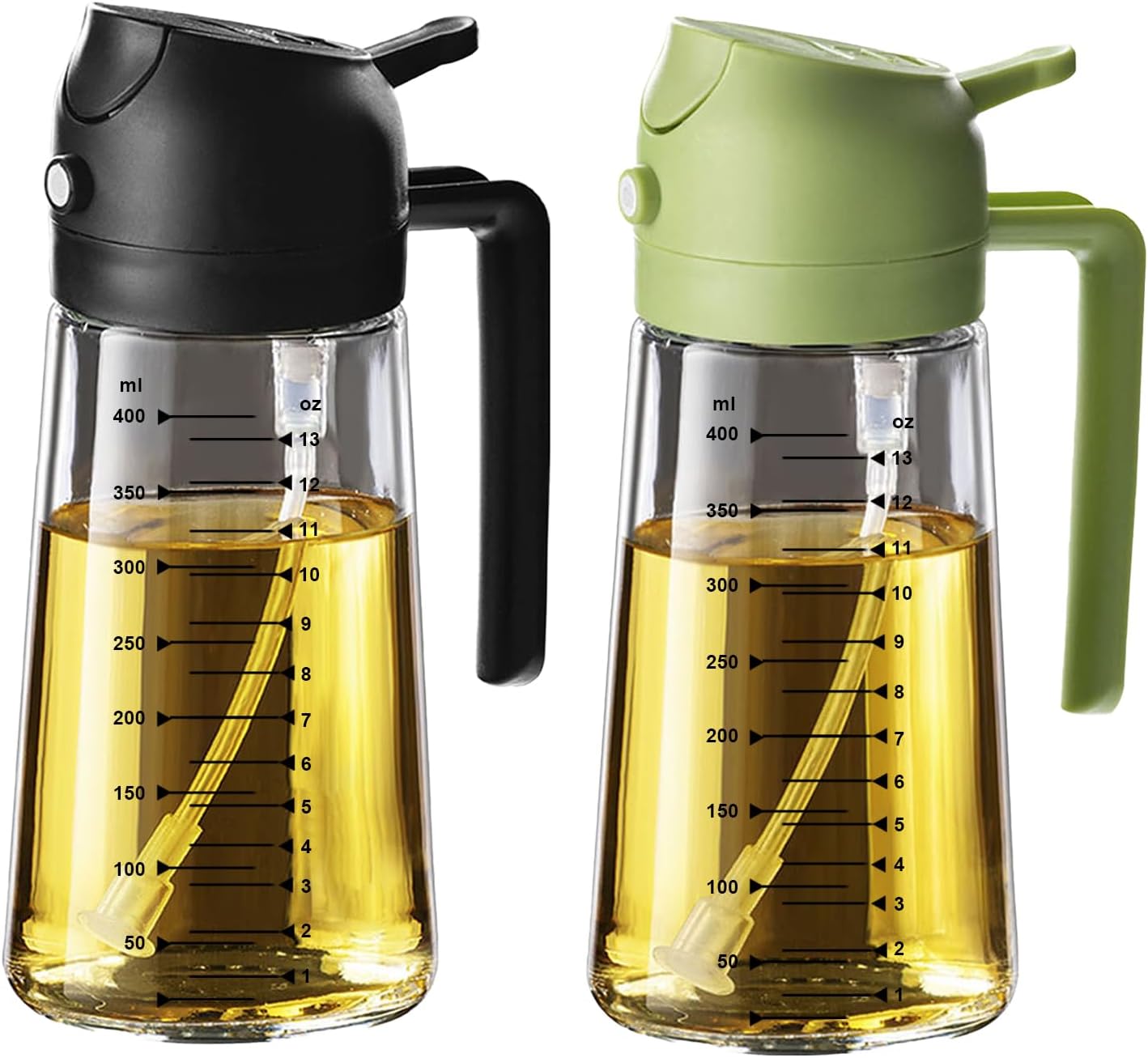 TrendPlain 16oz/470ml Glass Olive Oil Sprayer for Cooking – 2 in 1 Olive Oil Dispenser Bottle for Kitchen Gadgets and Air Fryer Accessories, Salad, BBQ - Black & Green