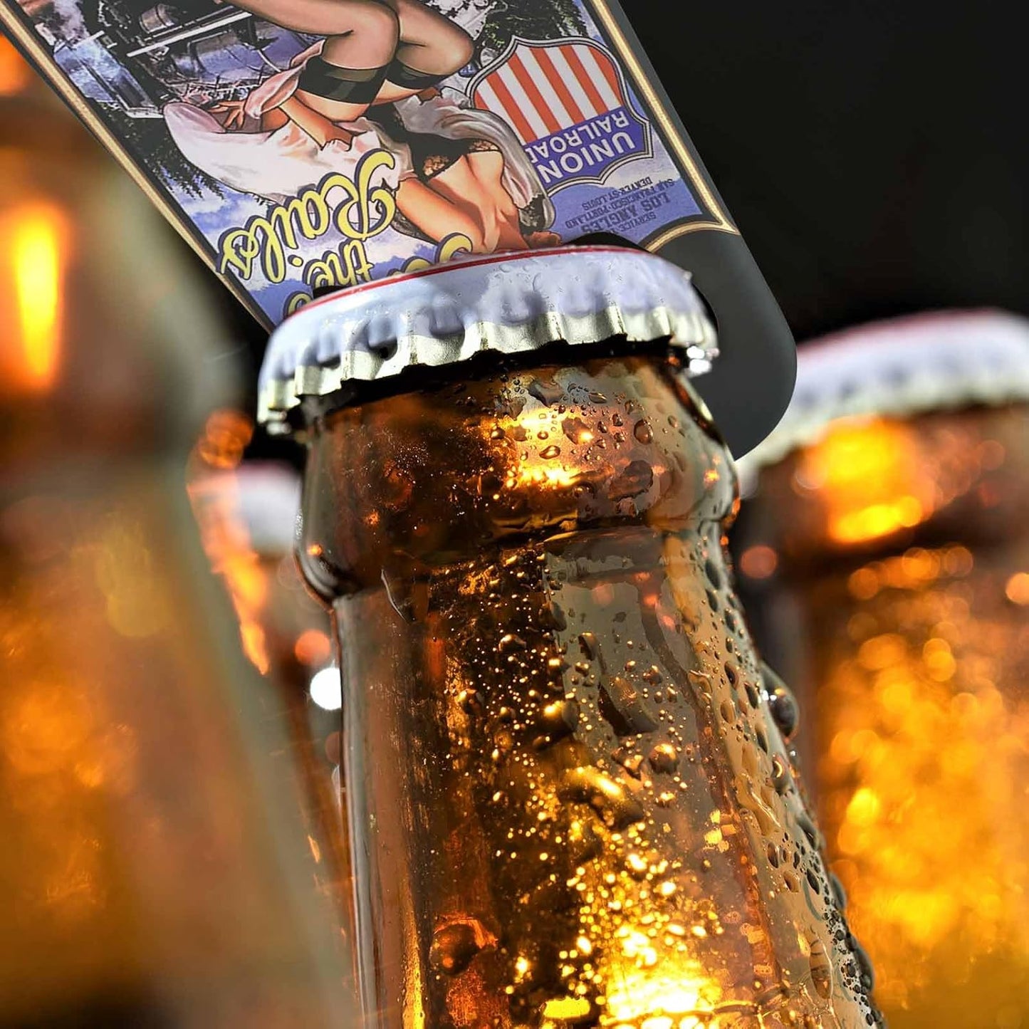 Riding The Rails Pin Up Girl Stainless Steel Bottle Opener Cute Woman with Train Union Railroad Flat Beer Bottle Opener Keychain for Home Kitchen Bar Restaurant Party Birthday Gift