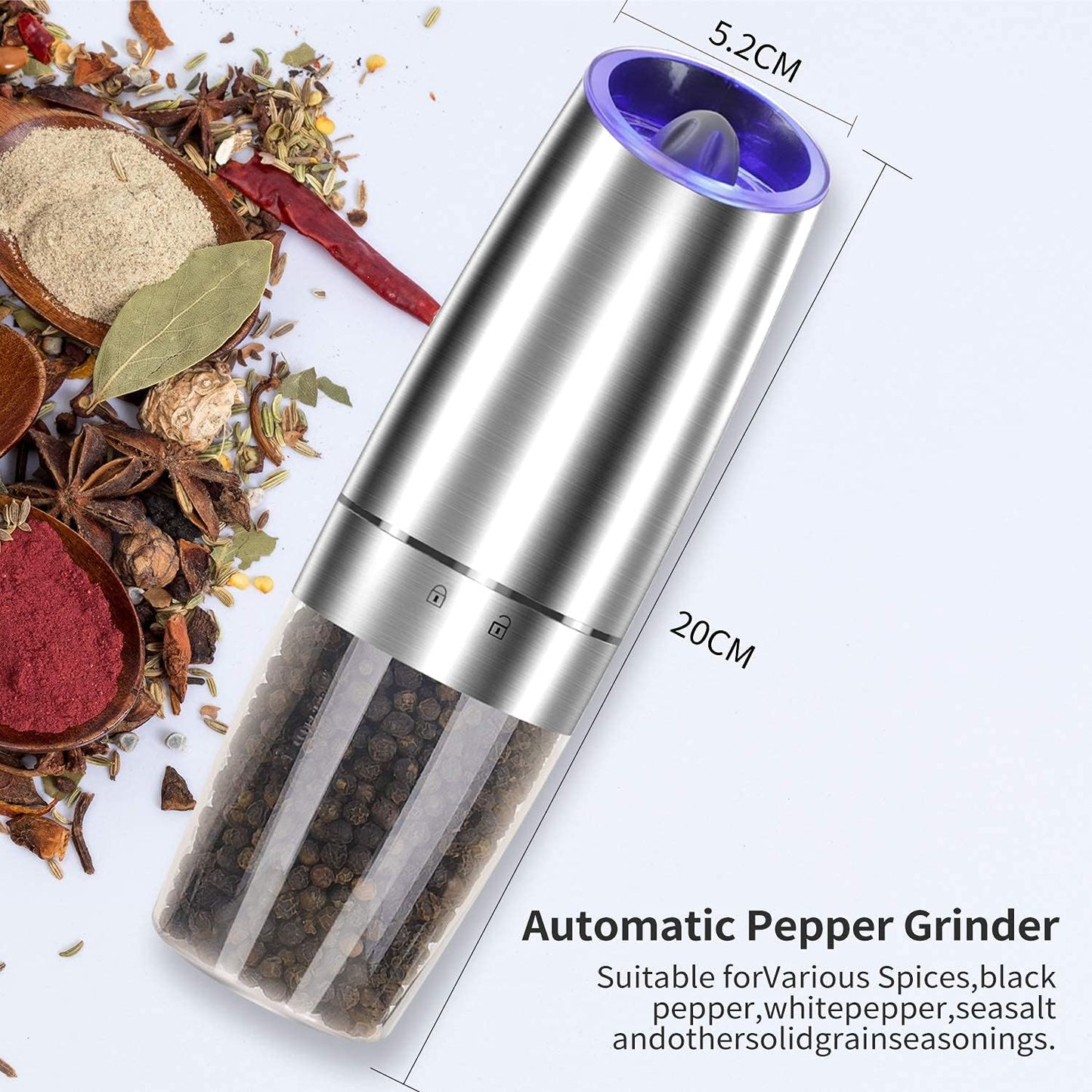 Gravity Electric Pepper and Salt Grinder Set, Adjustable Coarseness, Automatic Shakers Mill Grinder with LED Light, Battery Powered, Upgraded Larger Capacity, One Hand Operated (Sliver 2 Pack)