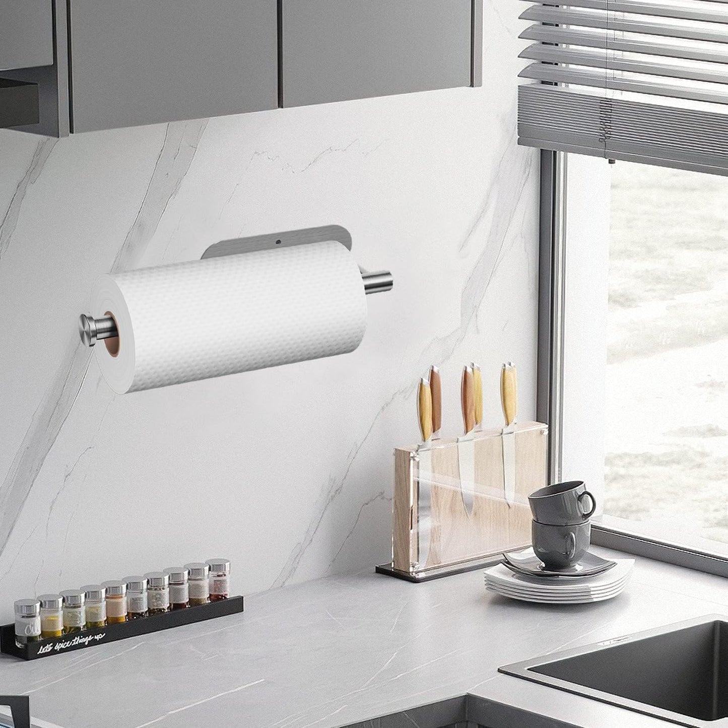 Self Adhesive or Drilling Paper Towel Holder Under Cabinet,Silver Stainless Steel Hanging Paper Towel Holder Wall Mount for Kitchen Paper Towel,Under Counter Paper Towel Roll Rack for Home,Bathroom,RV