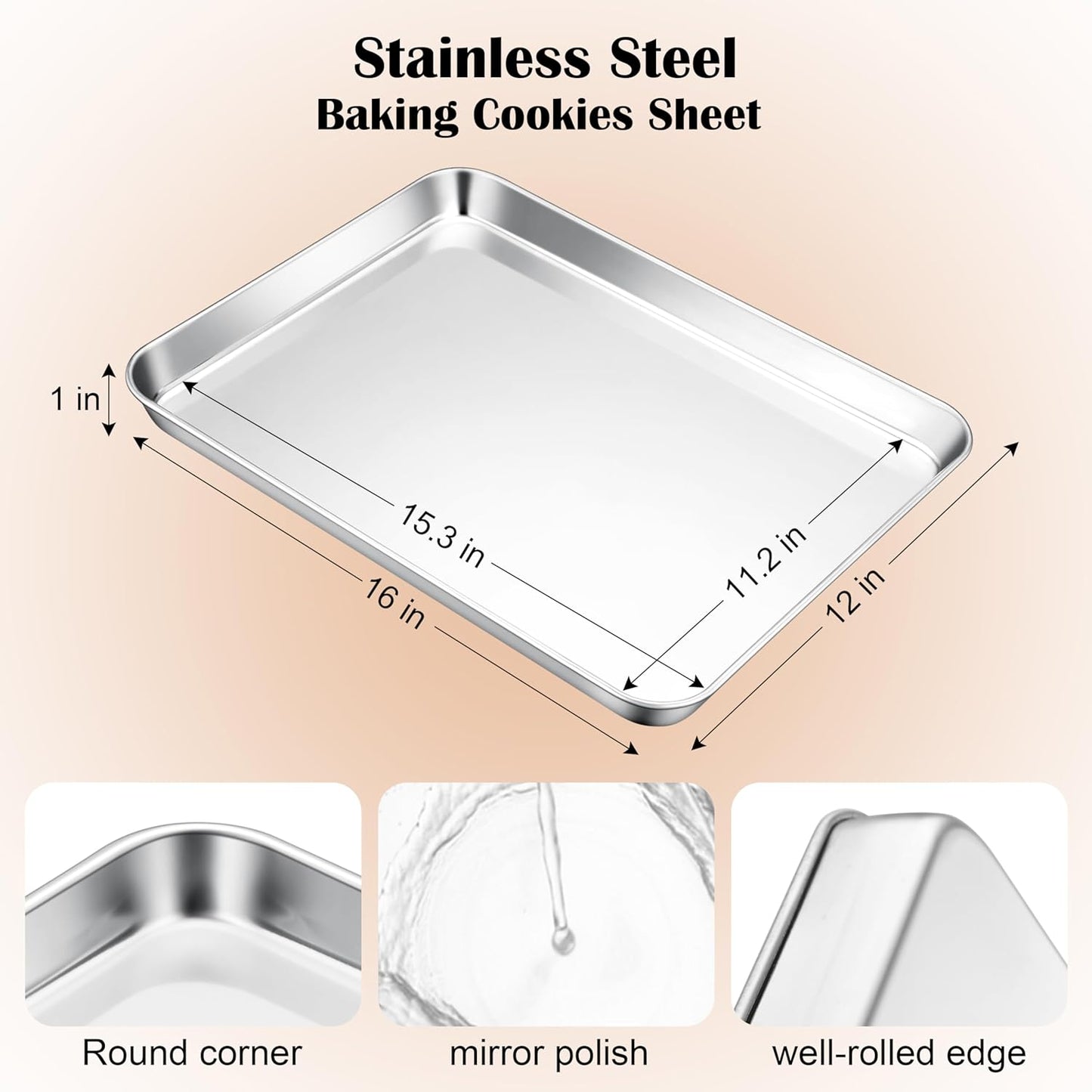 E-far Stainless Steel Baking Sheet, 16” x12” x 1” Baking Cookie Sheet Pan for Oven, Non-toxic Metal Trays for Baking Cake Cookie, Healthy & Rust Free, Mirror Finish & Dishwasher Safe, 1 Pack