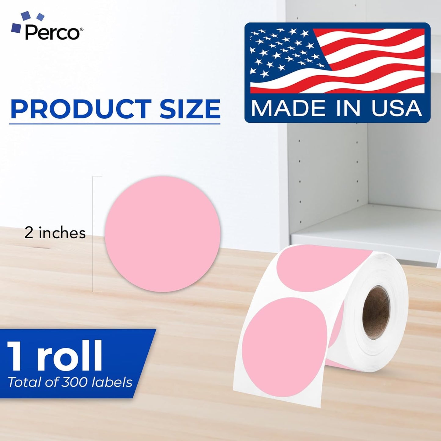 Perco Pink 2-Inch Perforated Circle Dot Thermal Sticker Labels — 300 Stickers/Roll, Direct Thermal Printer Compatible—with Permanent Adhesive for Organizing, Color Coding, Bin Labeling—Made in USA