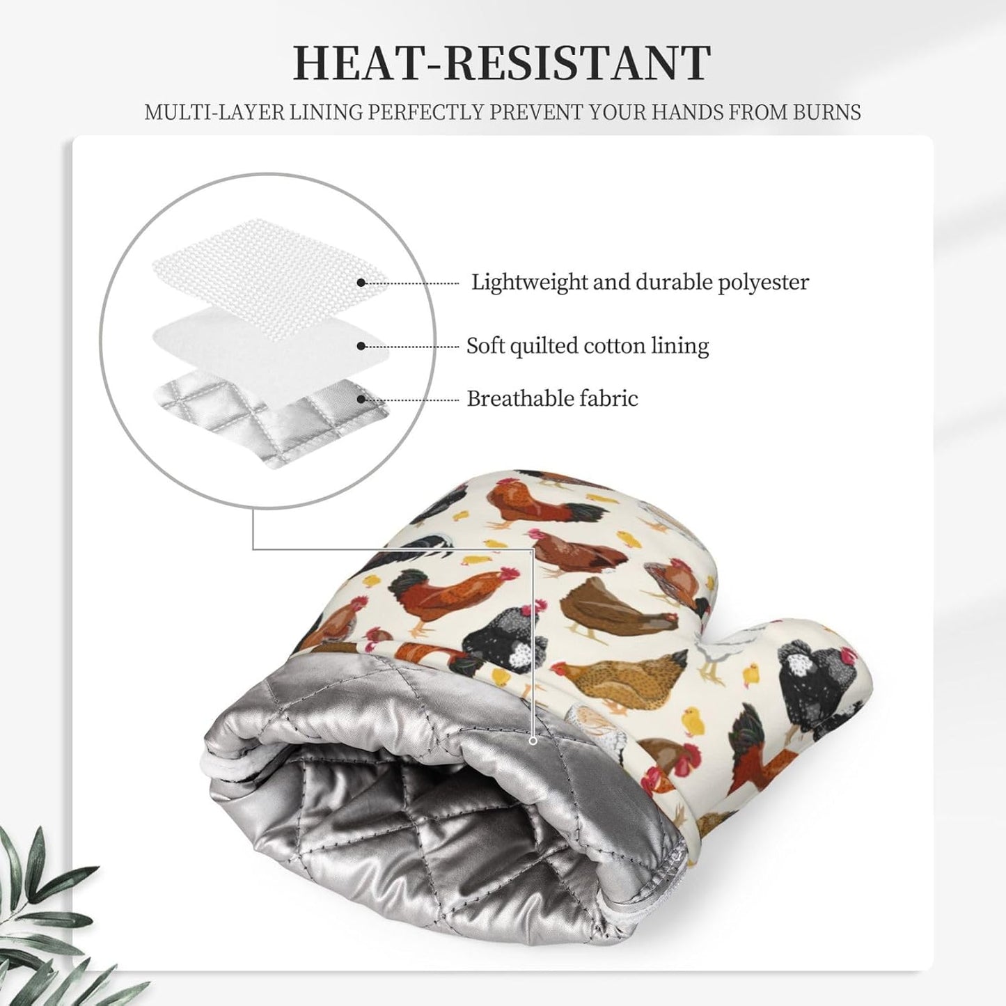 Rooster Hen Oven Mitts and Pot Holders Sets Silicone Rustic Domestic Animal Chicken Kitchen Mitts Potholders Heat Resistant 4Pcs Oven Gloves Hot Pads for Kitchen Baking Cooking BBQ Grilling