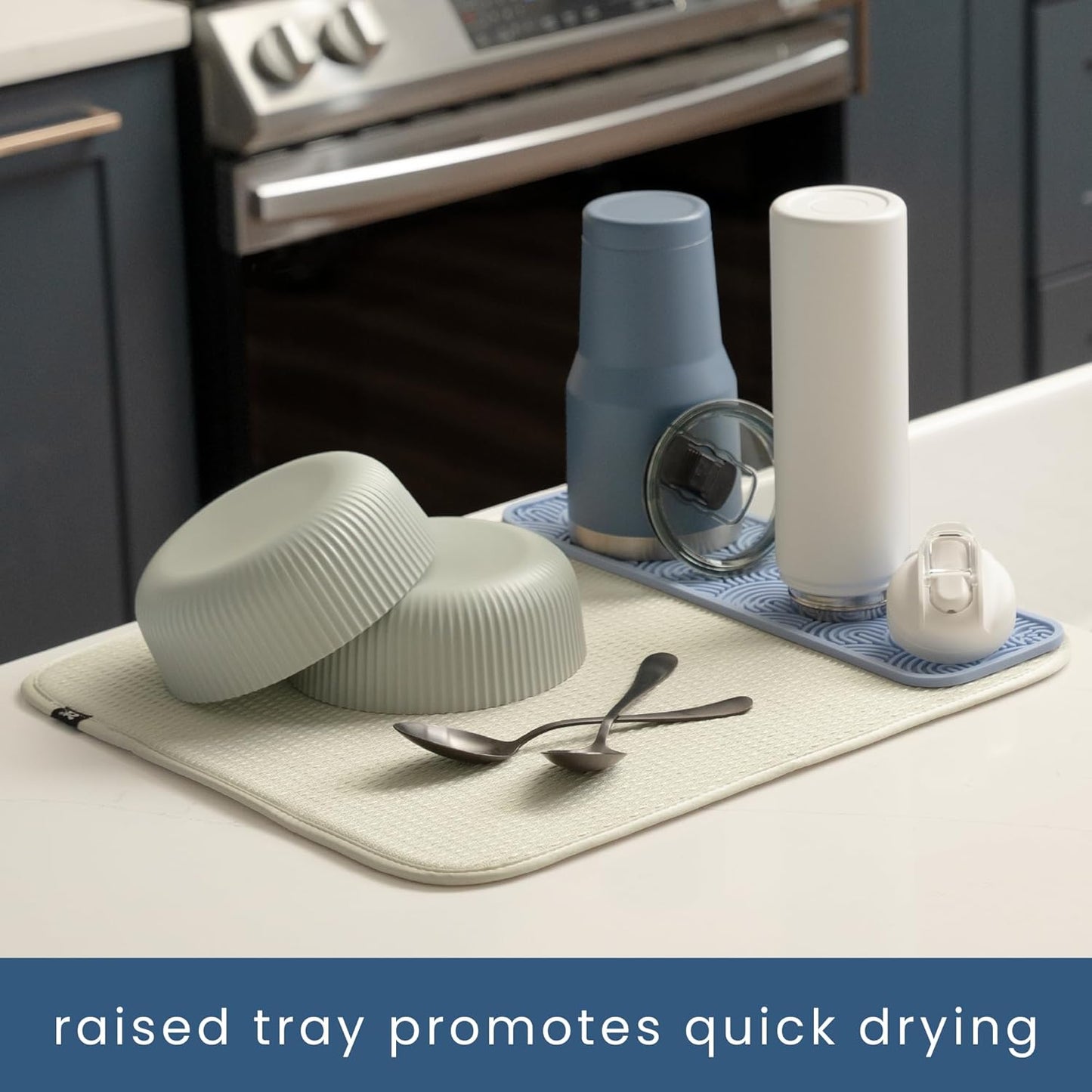 S&T INC. Dish Drying Mat 16" x 18" and Food-Safe Silicone Bar Mat 15" x 4.5", Absorbent Microfiber Kitchen Counter Mat, Dish Drying Pad for Dishes, Utensils, Pots, Pans, Diamond Texture, Cream + Blue