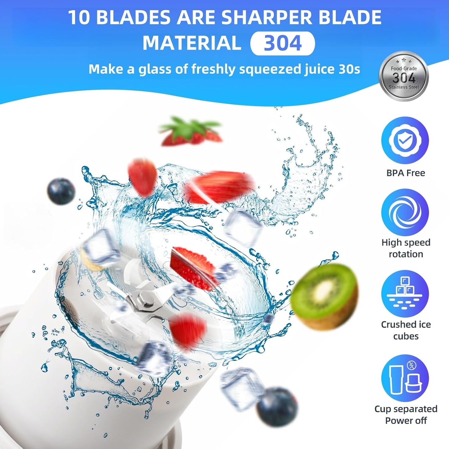 Kawu Portable Blender, 316 Stainless Steel Inner Personal Blender with 10Ps 304 Blades, 23Oz Blenders for Smoothies, USB Rechargeable, BPA Free, Food-Grade, Leakproof Juice Mixer for Gym, Home