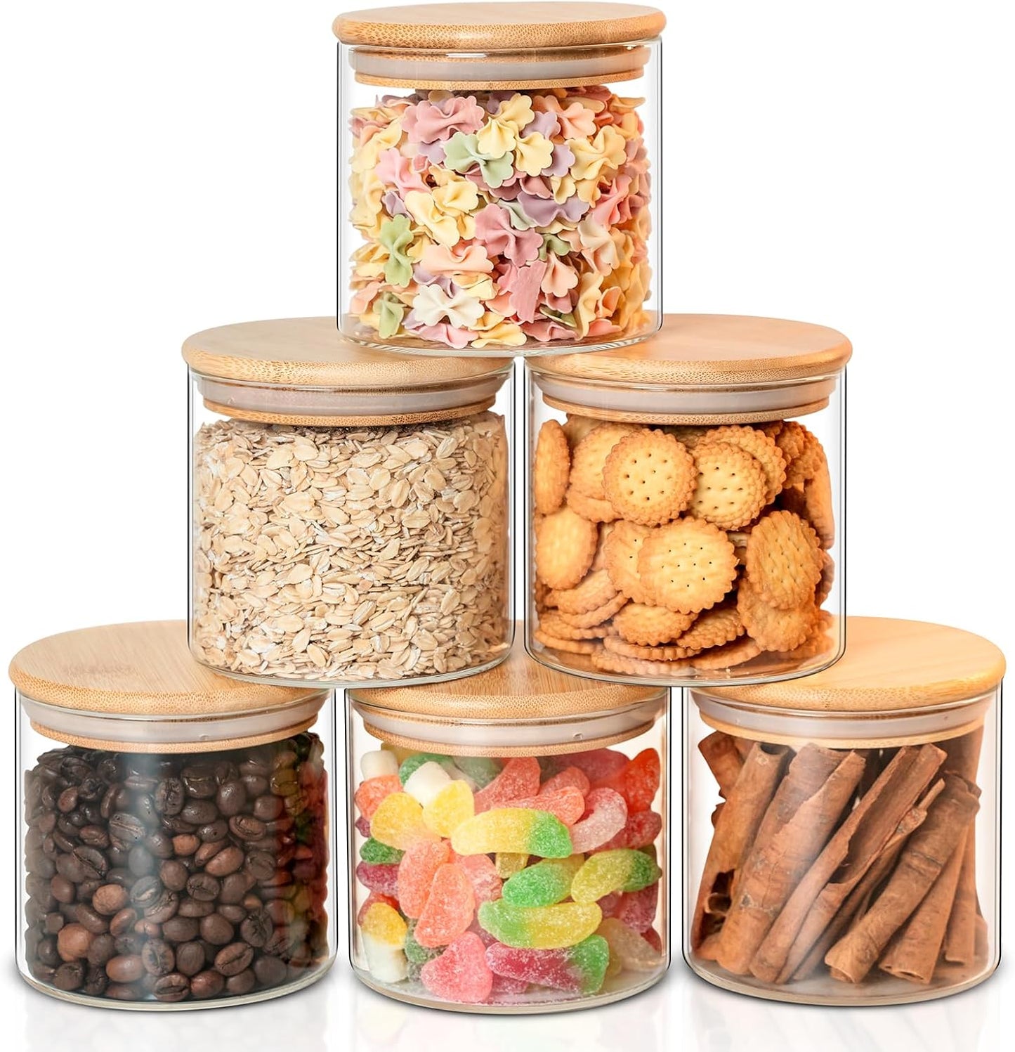 Glass Food Storage Jars 6-Pack - 4x4 in-Clear Glass Food Canisters with Bamboo Lid Airtight For Serving Tea, Coffee, Flour, Sugar, Candy, Cookie, Spice and More (Circular)