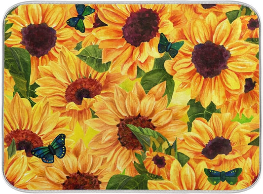 Super Absorbent Dish Drying Mat, Microfiber Fast-Drying Dish Mat, 24" x 18", Kitchen Dish Drying Pad, Sunflowers And Green Blue Butterflies