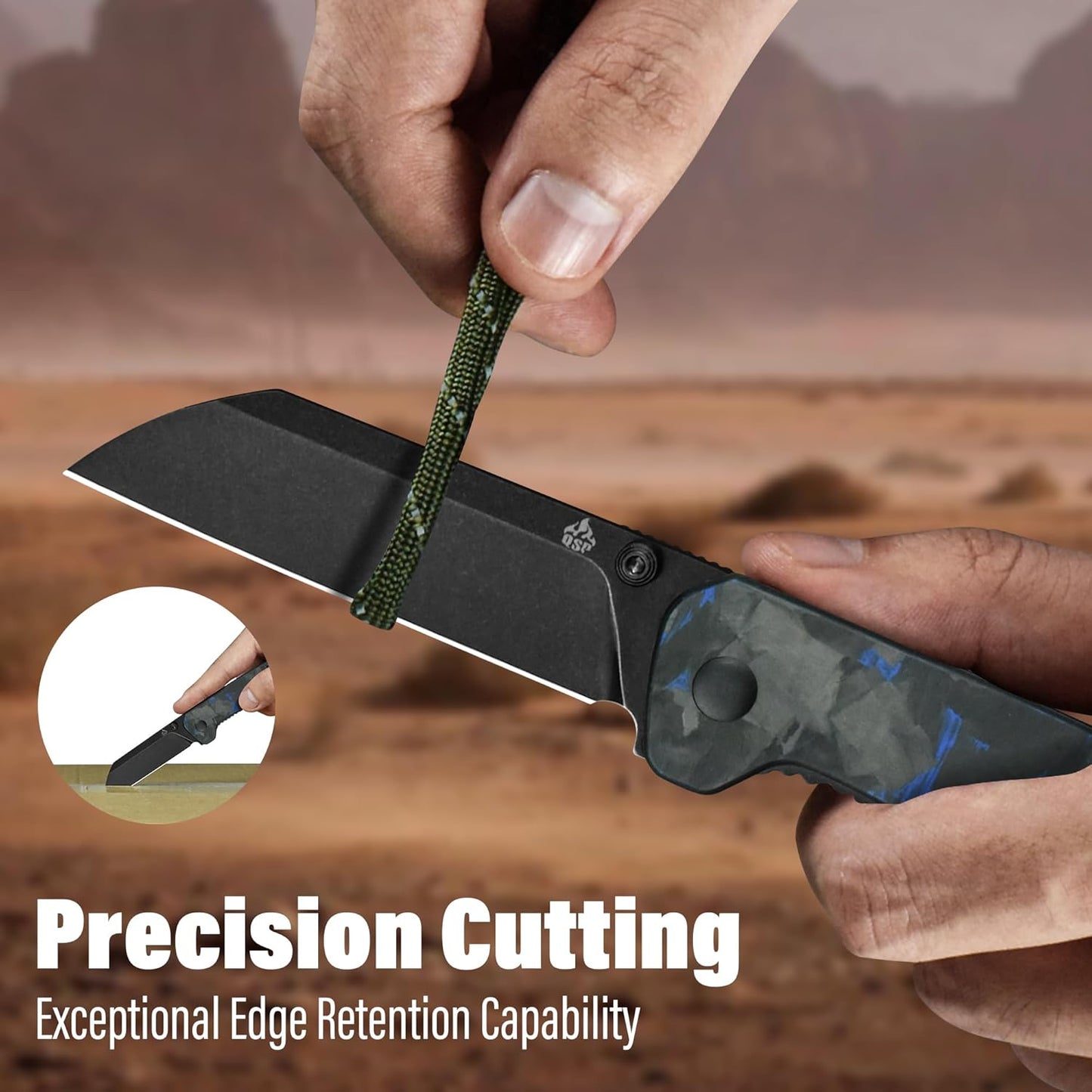 QSP Penguin V2 Folding Pocket Knife, 3.06" D2 Black Stonewash Blade EDC Knife, Blue Shredded CF Overlay G10 Handle, Liner Lock, Ceramic Ball Bearings, Reversible SS Deep Carry Clip