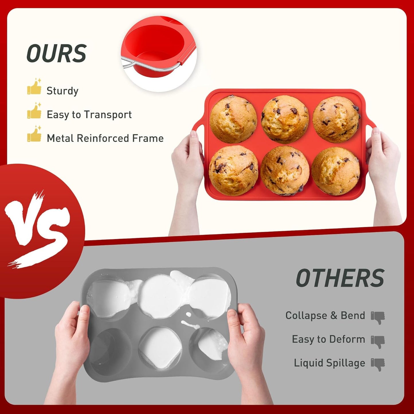 2 Packs 6 Cups Silicone Muffin Pan with Metal Reinforced Frame Jumbo Size Cupcake Pan Tray Egg Bites Silicone Circle Cookie Molds Muffin Tin Tart Pans Large Big Baking Sheet Set for Breakfast