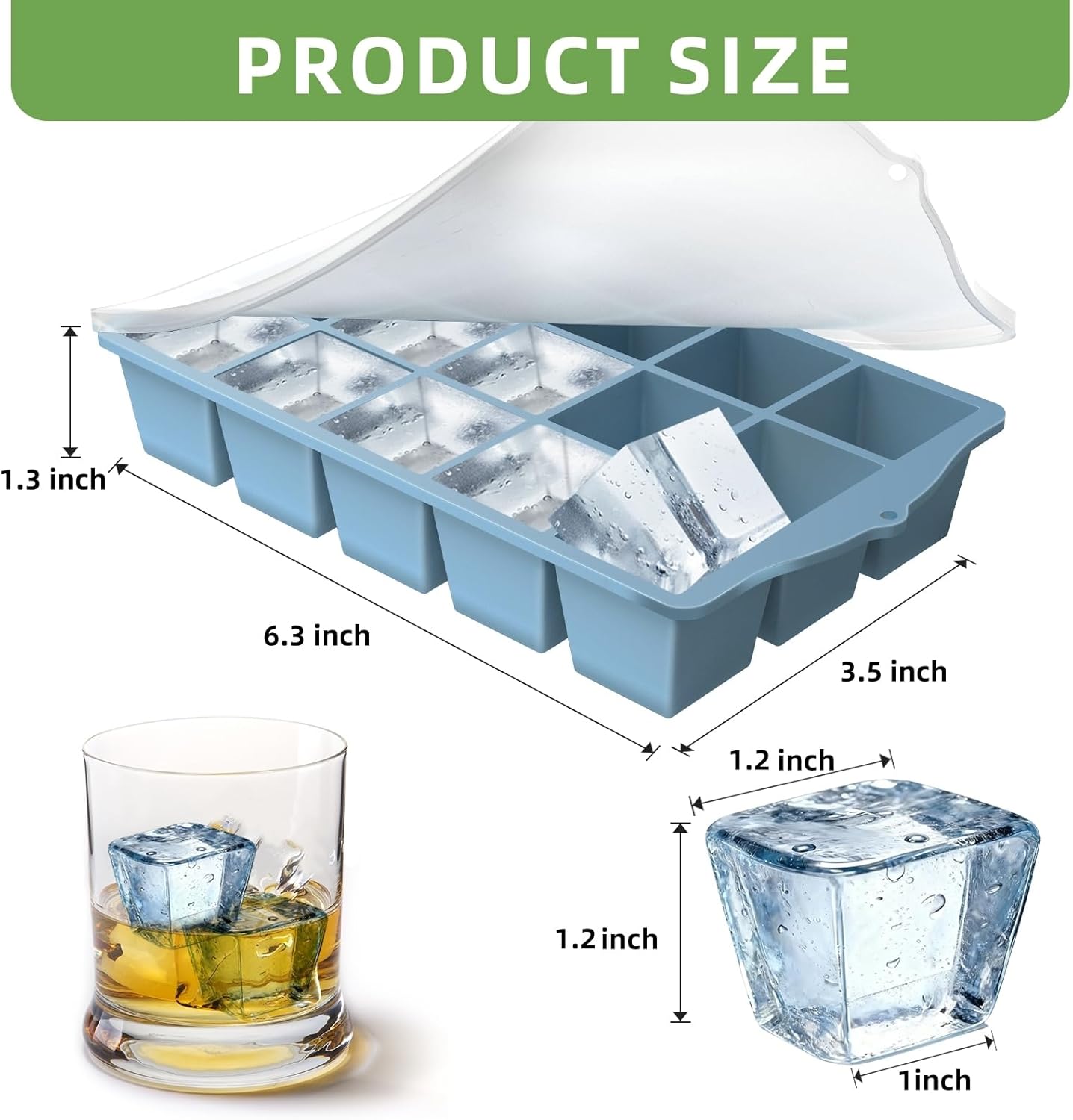 Silicone Ice Cube Tray, 3 Pack Easy-Release Stackable Ice Trays for Freezer with Lid 15 Reusable Cubes, Food Grade BPA Free Ice Molds for Whiskey, Baby Food, Coffee, Cocktail (Blue+Green+Pink)