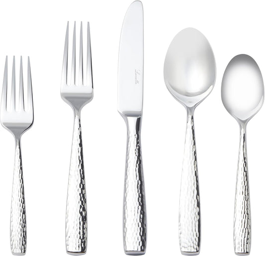 Luciella Ponza Flatware Set for 12, 65-Piece Stainless Steel Silverware Set with Serving Utensils, Timeless Hammered Design, Rust-Resistant, Mirror Polished & Dishwasher Safe