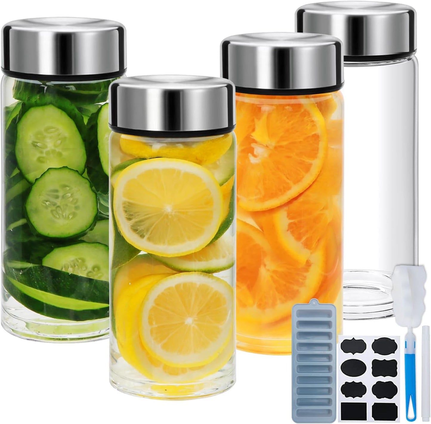 4 Pack Juice Bottles with Lids,12oz Wide Mouth Glass Bottles with Stainless Steel Cap,Reusable Glass Water Bottle for Juicing, Smoothies, Infused Water,Beverage Storage,BPA Free,Leakproof
