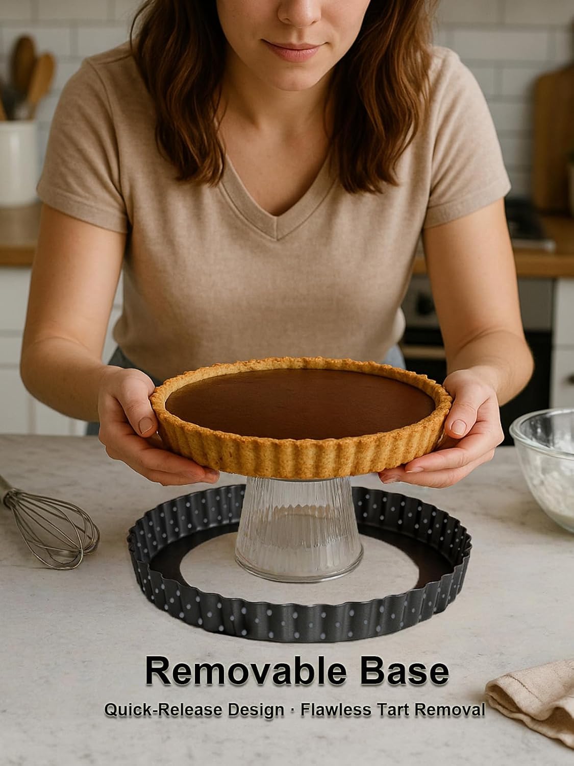 9 Inch Perforated Tart Pan for Crispy Crust w/Pie Cake Server. Removable Bottom, Non-Stick Coating, Rugged Carbon Steel for Tart Quiche Baking. Gift for Women Christmas Thanksgiving Party