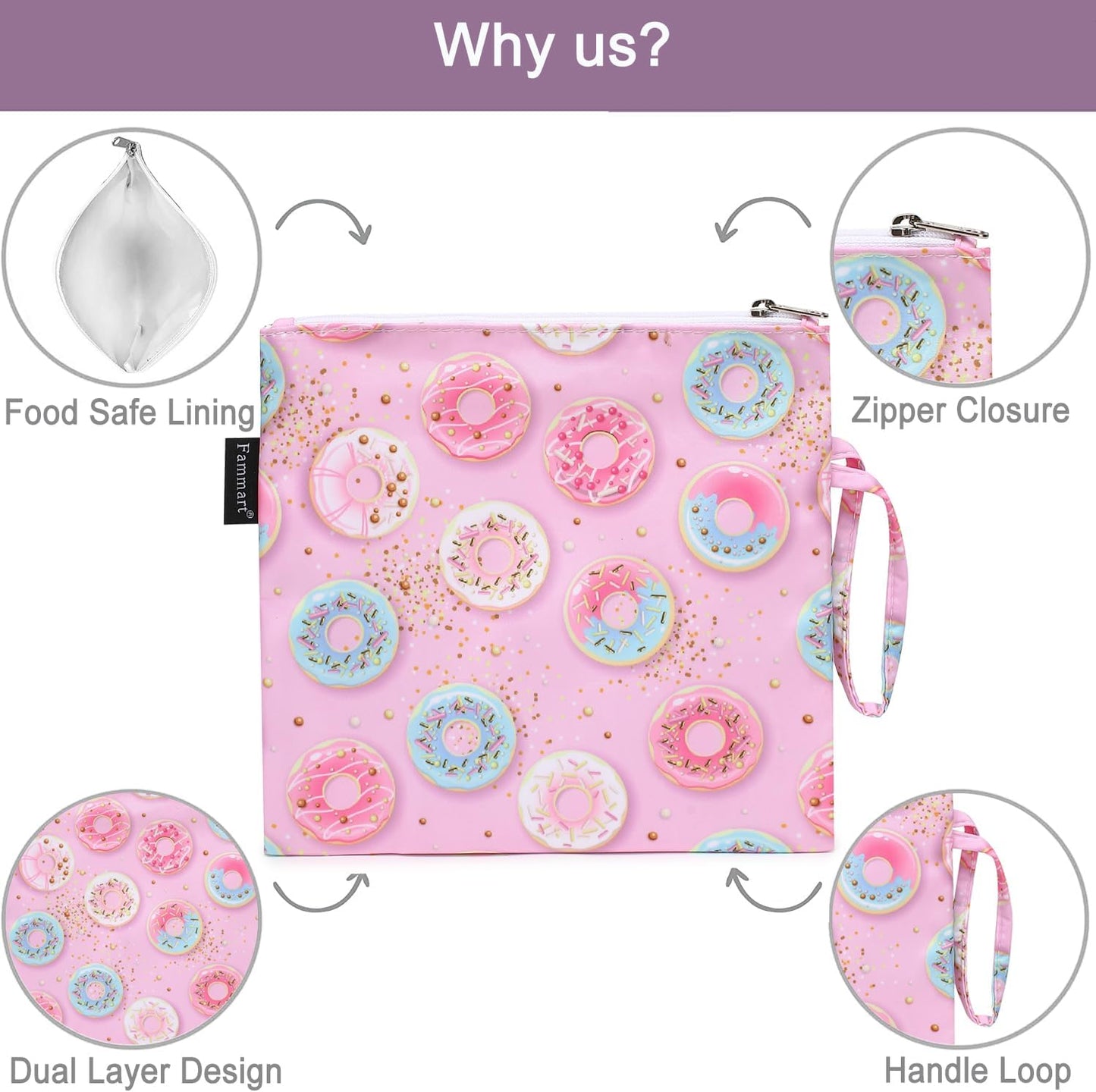 Reusable Sandwich Bag/Snack Bag for Kids & Adults, Dual Layer Lunch Bag with Handle, Washable, Food Safe, BPA Free (1-Pack, Colorful Donut)