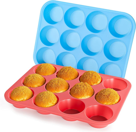 Bangp 12-Cup Silicone Muffin Pan with Metal Reinforced Frame,2 Pack Regular Size Cupcake Pan,Premium Non-Stick Bend Resistance Silicone Molds for Making Muffin,Cakes,Tart,Egg Bites (Red & Blue)