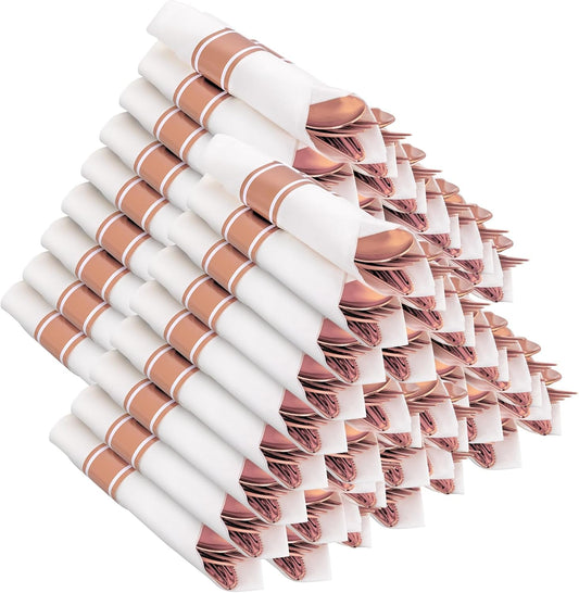 400PCS Pre Rolled Rose Gold Plastic Silverware Sets - Heavy Duty Rose Gold Cutlery - Include 100 Pack Wrapped Disposable Utensils with Napkins for Parties & Dinners & Weddings