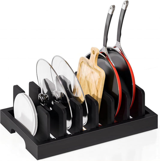 Bamboo Pot and Pan Organizer, Pot Lid Organizer Holder Rack for Countertop Drawer, Kitchen Cabinet Organizer with 7 Adjustable Dividers for Pots, Pans, Baking Sheets, Cutting Boards, Black