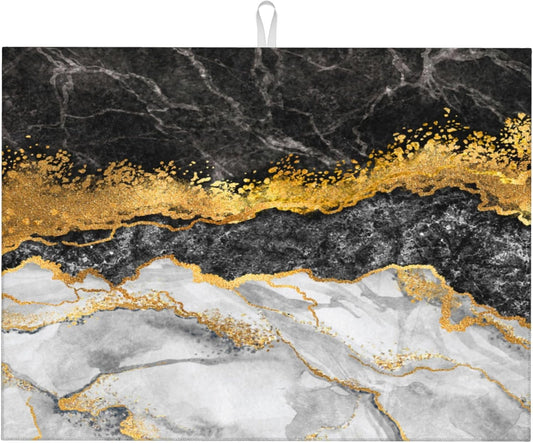 Gold and Black Grey Kitchen Drying Mat Black Gold Marble Decor Microfiber Dish Drainer Mat for Kitchen Counter Absorbent Reusable Washable 18x24 Inch