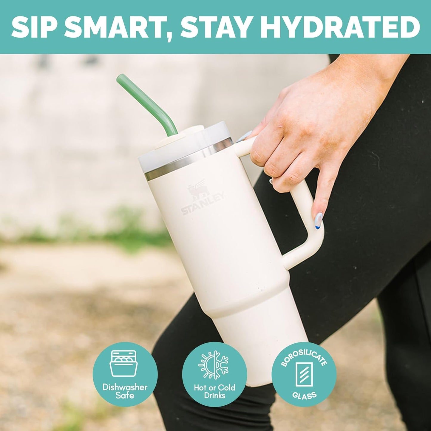 Simply Straws 12 Inch Glass Straws Bent (6-Pack) – Reusable Glass Straws for Stanley 40 Oz Tumbler, with Cleaning Brush – Durable, Dishwasher Safe, Hot & Cold Use, BPA-Free (Cote d'Azur)