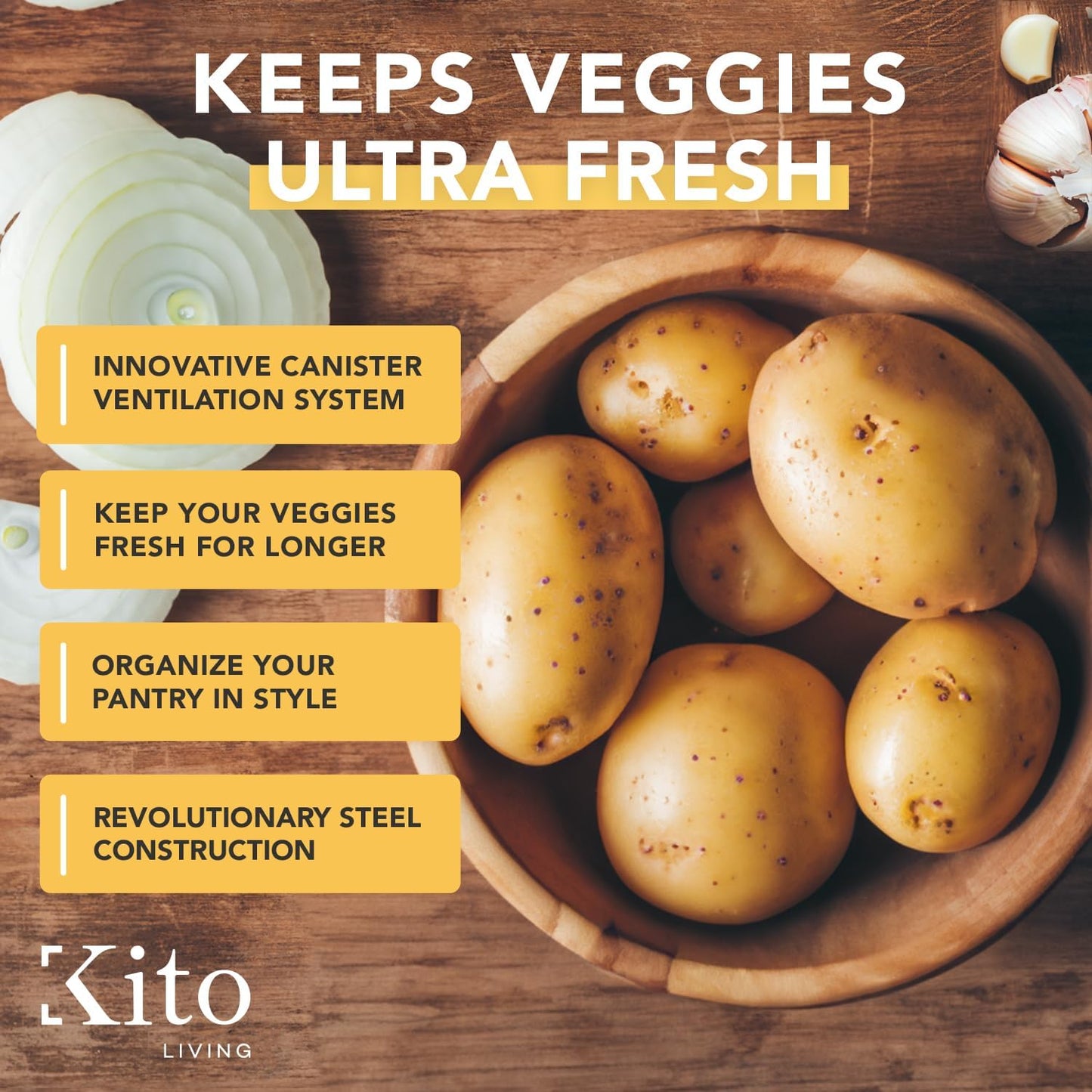 Canister Sets for Kitchen Counter with Wooden Bamboo Lids, Kitchen Canisters for Countertop, Stackable Steel Farmhouse Canisters for Potato Storage, Onion and Potato Storage Bins - Cream