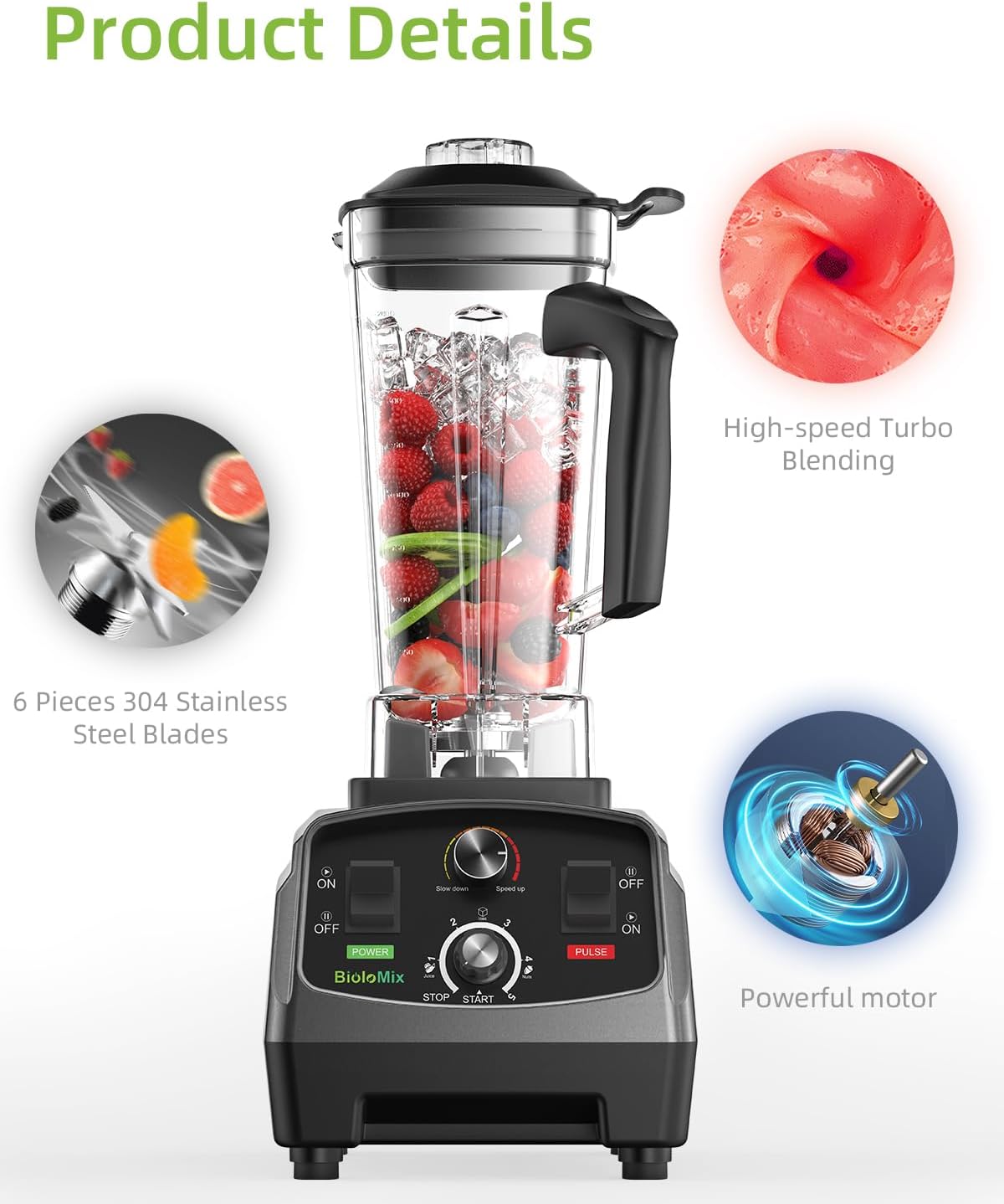BioloMix Professional Countertop Blender - High Power 2200W Blender for Kitchen, Commercial, Smoothies, Frozen Fruits, Soup, Juice