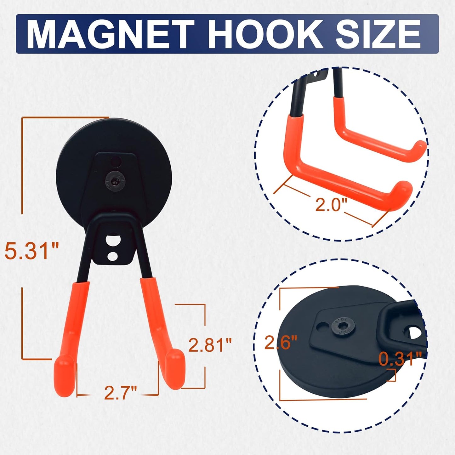 TSUYA 4 Pack Heavy Duty Large Garage Magnet Hooks, Strong Storage Utility Magnetic Hooks with Anti-Slip Rubber Coating for Hanging (Orange Hook, 2.6‘’ Diameter Base)