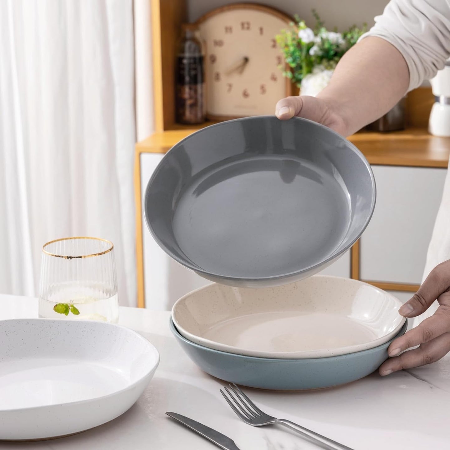 AmorArc 9.5'' Large Ceramic Pasta Bowls, 38oz Handpainted Stoneware Bowls Set of 4, Microwave&Dishwasher Safe Bowls with Wavy Rim&Rustic Terracotta Underside for Fruit Pasta Salad, Multi-Color