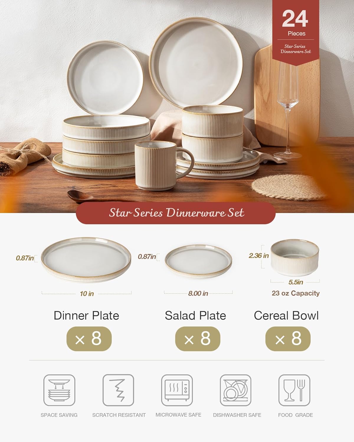 famiware Star Plates and Bowls Sets, Modern Stoneware Dinnerware Sets for 8, 24-Piece Kitchen Dish Set - Microwave and Dishwasher Safe, Chip and Scratch Resistant, Cappuccino White