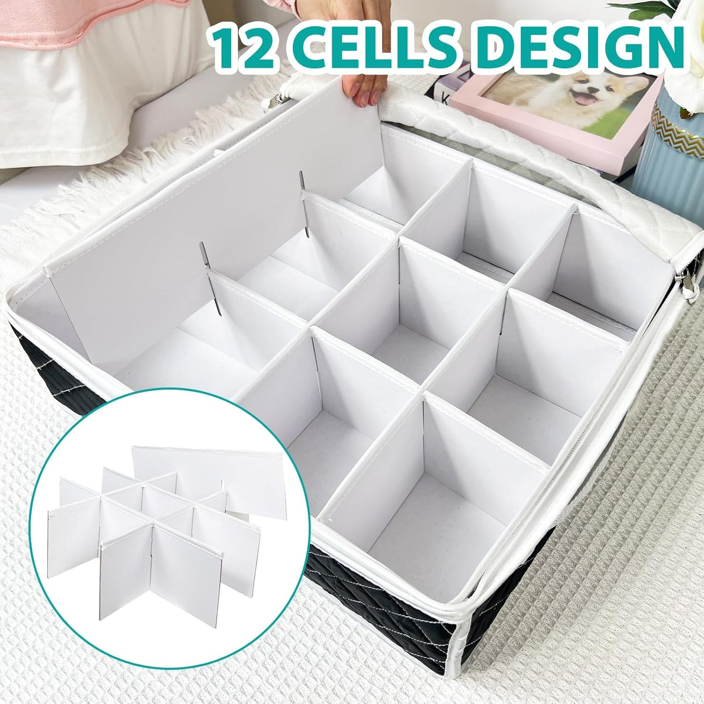 VERONLY China Dinnerware Storage Containers Set- Dish,Mug,Stemware Storage Cases - Quilted Box Bins Stackable with Divider,handles,Clear Window for Cups,Plates,Wine Glasses Moving Set of 6 (Black)