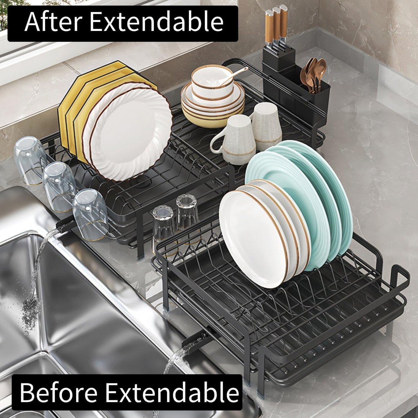 Dish Drying Rack, Dish Racks for Kitchen Counter, Over The Sink Dish Drying Rack, Expandable Dish Drainers with Drain Board Cup Holder and Utensil Holder, Kitchen Organizers and Storage