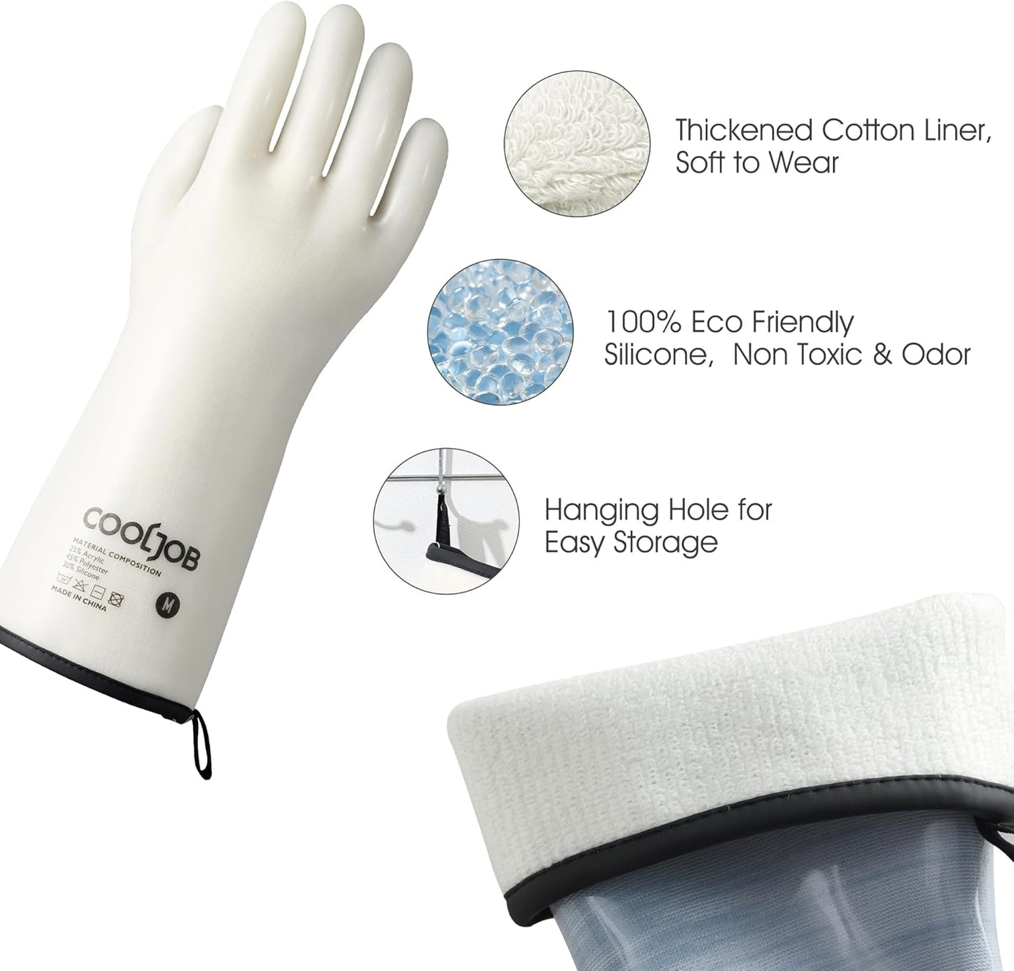 COOLJOB Heat Resistant Oven Gloves, Waterproof Liquid Silicone BBQ Grilling Gloves for Barbecue, Kitchen Cleaning, Baking, Food Contact, White, Medium