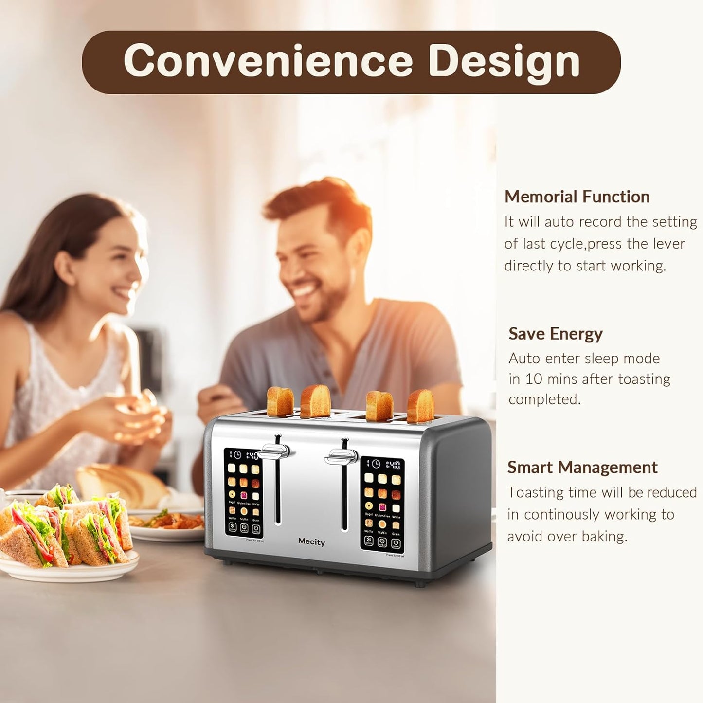 Mecity 4 Slice Toaster with Touch Screen Control, 4 Wide Slots, Stainless Steel Smart Bread Toaster for Bagels, Muffins, Waffles, Dual Control Panel, Timer, Defrost, Reheat, 120V 1650W, Pearl Grey