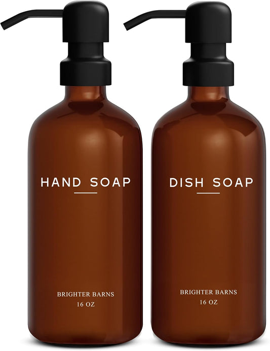 Amber Glass Hand and Dish Soap Dispenser Set by Brighter Barns - Modern Kitchen Decor & Accessories for Airbnb, RV, Office, Housewarming Gifts (Amber)