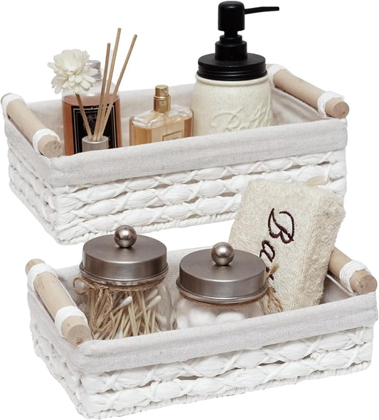 Storage Basket Wicker Baskets for Organizing with Handle Decorative Storage Bins for Countertop Toilet Paper Storage Basket for Toilet Tank Top Small Baskets Set (Set of 2,White)