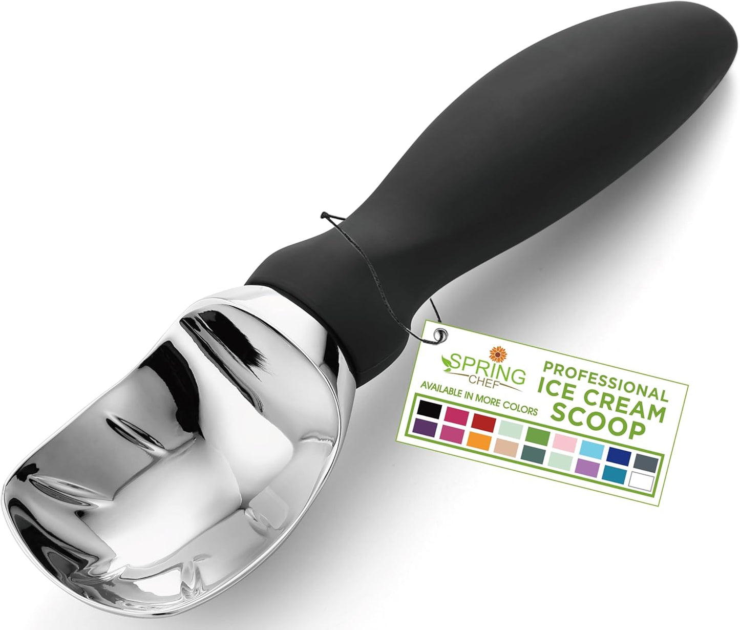 Spring Chef Heavy Duty Ice Cream Scoop with Comfortable Handle - Professional Ice Cream Scooper for Gelato, Sorbet, Cookie Dough, Melon, Frozen Yogurt - Dishwasher Safe Metal Kitchen Tool - Black