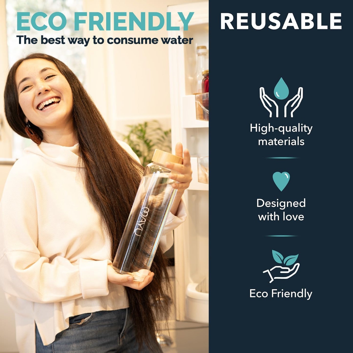 mayu Glass Travel Water Bottle | Sustainable Borosilicate Glass Bottle with Bamboo Lid & Sieve – Plastic-Free, Leak-Resistant Hydration for Home, Gym & On-the-Go (1.5L)
