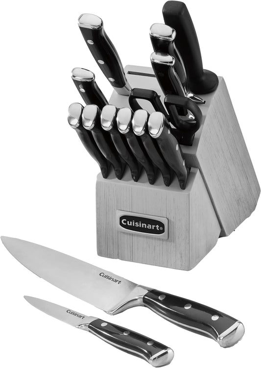 Cuisinart 15-Piece Knife Set with Block, High Carbon Stainless Steel, Forged Triple Rivet, Black/Gray C77BTR-15PG