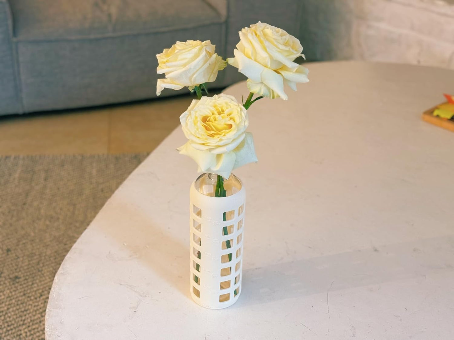 purifyou 40oz / 32oz / 22oz / 12oz Borosilicate Glass Water Bottle with Time & Volume Markers, Silicone Sleeve, Stainless Steel Lid – Reusable Glass Bottle for Water & Juice (12oz Pearled Ivory)