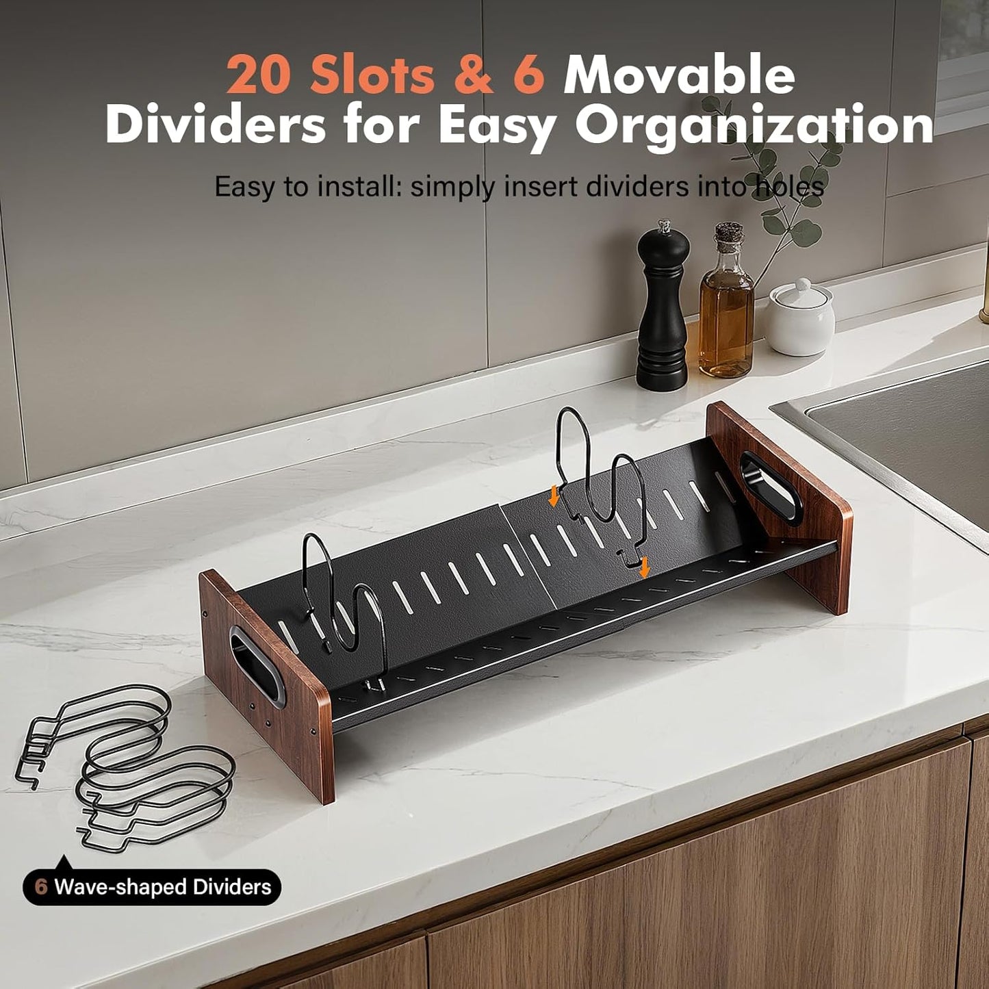 Expandable Food Container Lid Holder Organizer, Adjustable 13.97-22 Inch V-Shaped Kitchen Cabinet Storage Rack with 20 Slots & 6 Adjustable Dividers for Lids, Cutting Boards, Baking Pans