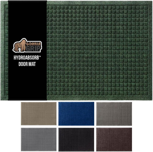 GORILLA GRIP Front Door Mat, 47x35, Indoor Outdoor Ultra Absorbent HydroAbsorb Doormat, Absorbs Up to 6 Cups of Water, Stain and Fade Resistant, Rubber Backing Doormats, Captures Dirt, Green