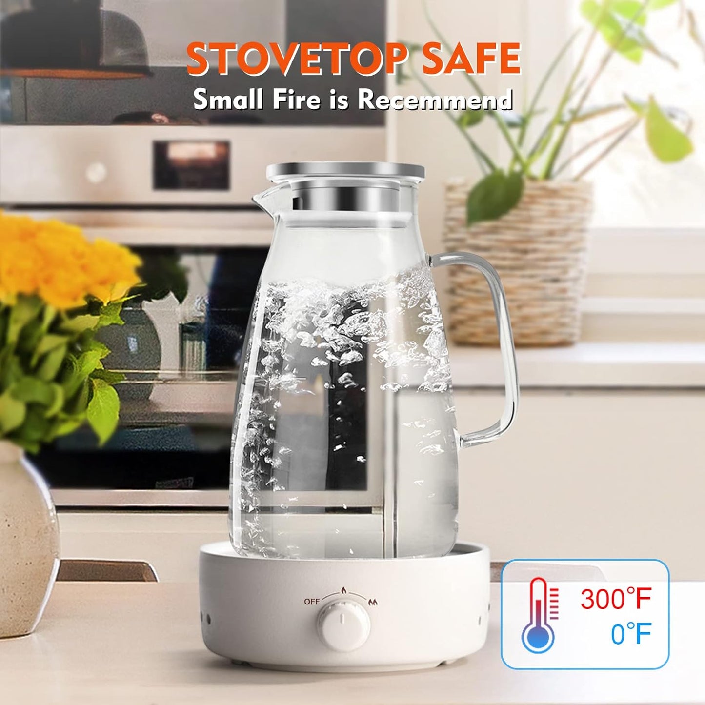 Aofmee 100 Oz Glass Pitcher, 3L Water Pitcher with Lid, Iced Tea Jar with 304 Stainless Steel Lid and Spout, Heat Resistant Jug for Sun Tea, Water Carafe for Cold or Hot Beverage Serveware Juice