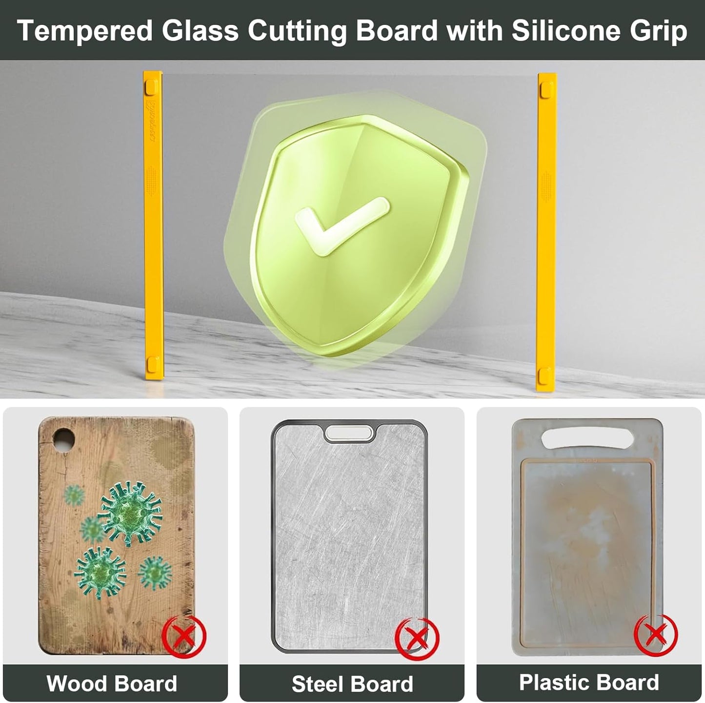Glass Cutting Board with Silicone Grip, 80% Stronger Shatter Resistance and Slip Resistance,No Scratches/Microplastic-Free,Dishwasher Safe, Non Toxic Cutting Board for Kitchen (Yellow-12*8"&16*12")