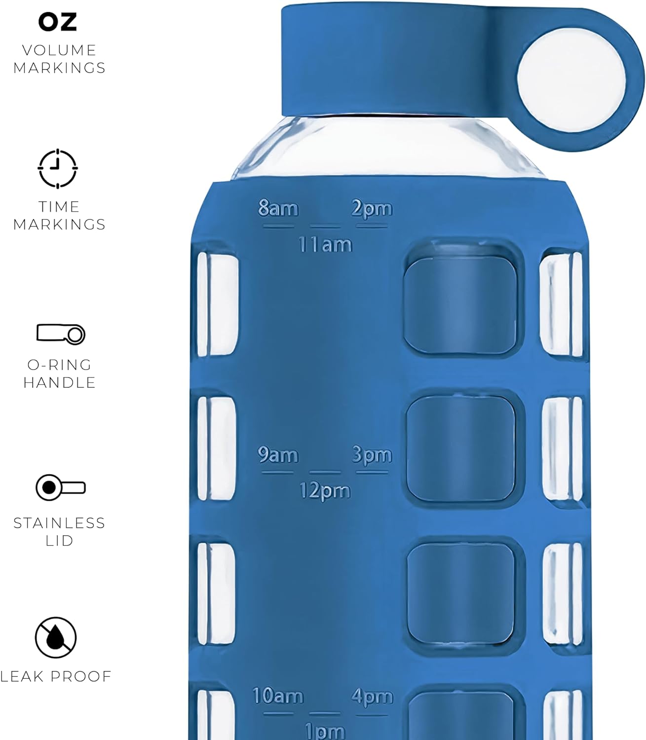 purifyou 40oz / 32oz / 22oz / 12oz Borosilicate Glass Water Bottle with Time & Volume Markers, Silicone Sleeve, Stainless Steel Lid – Reusable Glass Bottle for Water & Juice (22oz Chinese Porcelain)