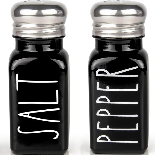 Black Salt and Pepper Shakers Set by Brighter Barns - Cute Kitchen Decor - Gothic or Halloween Kitchen Decor - Glass Shaker with Stainless Steel Lid for Home, Restaurant, Gifts (Black)
