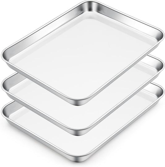E-far Small Baking Sheet Set of 3, 10.5”x8.3” Stainless Steel Cookie Sheets Pans, Compact Non-toxic Metal Toaster Oven Trays for Cake, Healthy & Rust Free, Mirror Finish & Dishwasher Safe