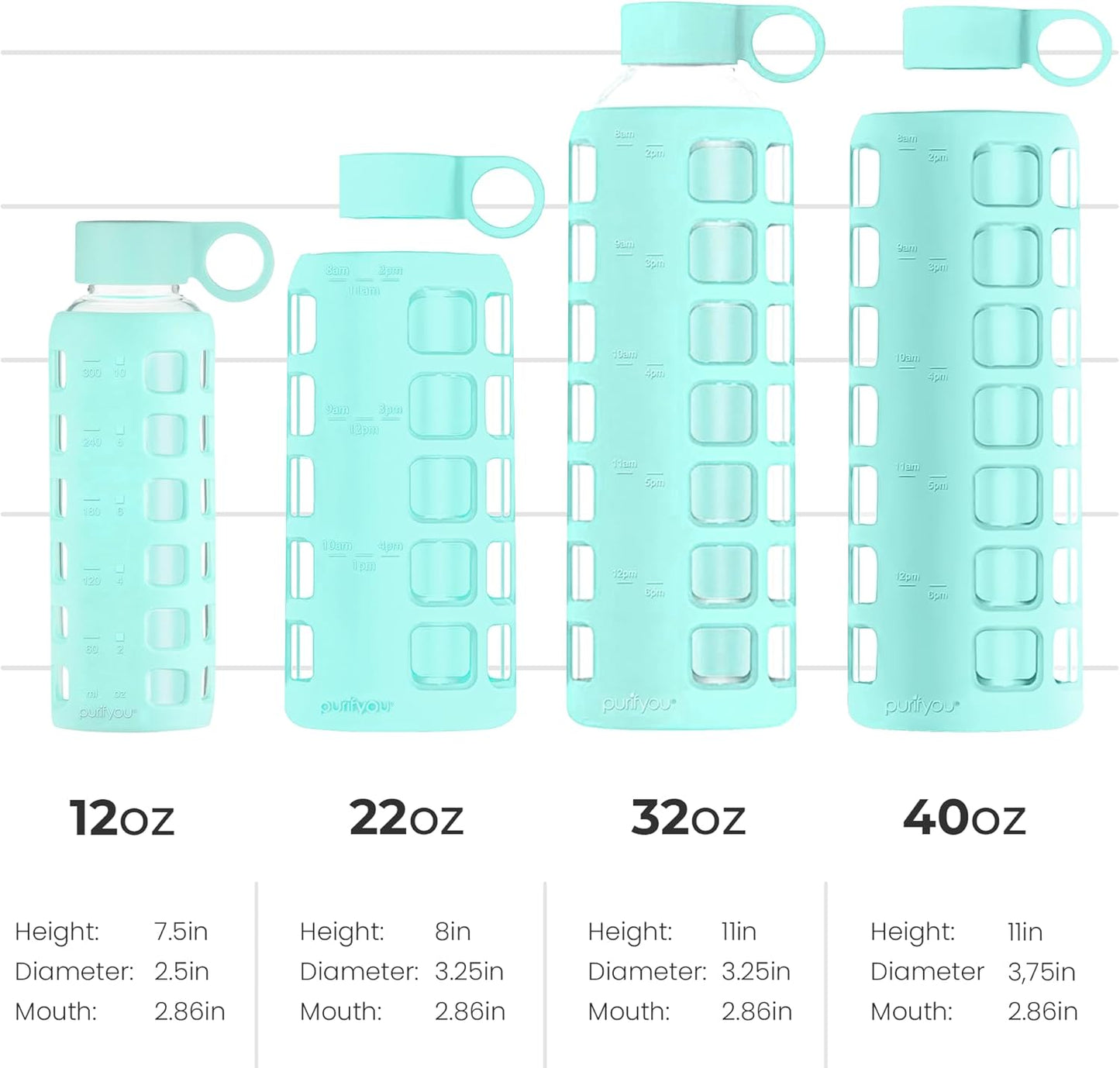 purifyou 40oz / 32oz / 22oz / 12oz Borosilicate Glass Water Bottle with Time & Volume Markers, Silicone Sleeve, Stainless Steel Lid – Reusable Glass Bottle for Water & Juice (22oz Glow-in-the-Dark)