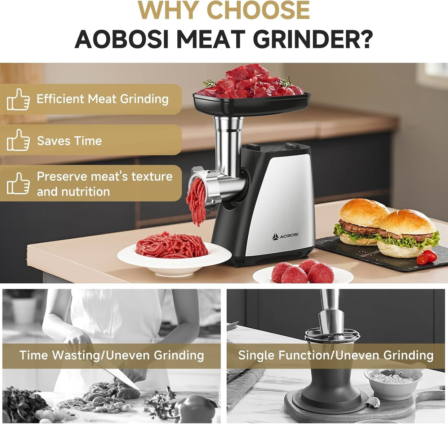 AAOBOSI Meat Grinder, 4-In-1 Meat Grinder Electric [2800W Max] with 3 Slice, Shred Blades,2 Blades,3 Plates,Sausage Stuffer,Kubbe Kit, for Home Kitchen Use, Stainless Steel
