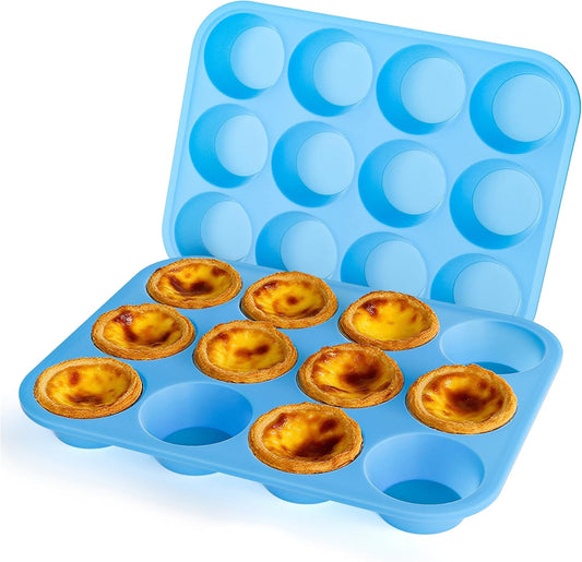 Bangp 12-Cup Silicone Muffin Pan with Metal Reinforced Frame,2 Pack Regular Size Cupcake Pan,Premium Non-Stick Bend Resistance Silicone Molds for Making Muffin,Cakes,Tart,Egg Bites (Blue)