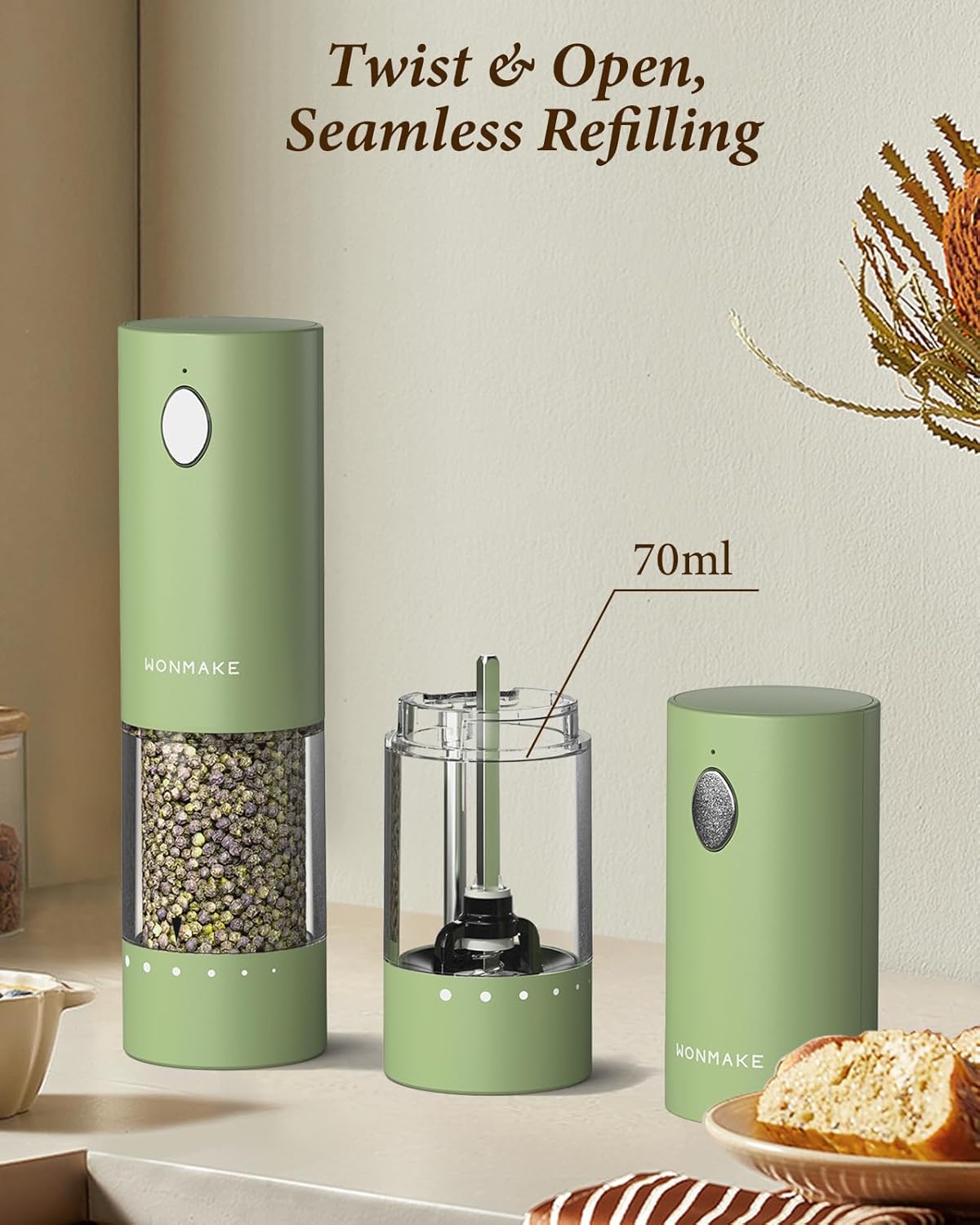 Electric Salt and Pepper Grinder Set - Automatic Refillable Salt and Pepper Grinders with Charging Base & LED Light, 6-Level Adjustable Coarseness with External Dial, Ideal Kitchen Gadget，Green