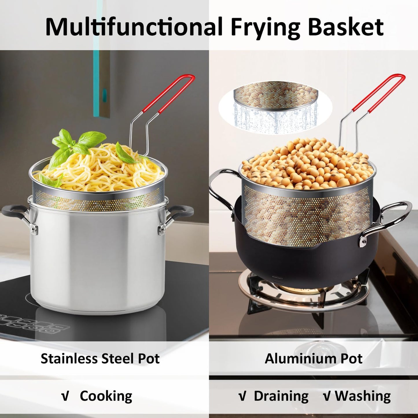 Deep Fryer Basket Only, 7''x4'' Colander with Silicone Handle,Round Stainless Steel Fry Baskets, Heat Resistant for Frying French Fries Cooking Noodles Vegetables, Ideal for Gift, 2.3-Quart